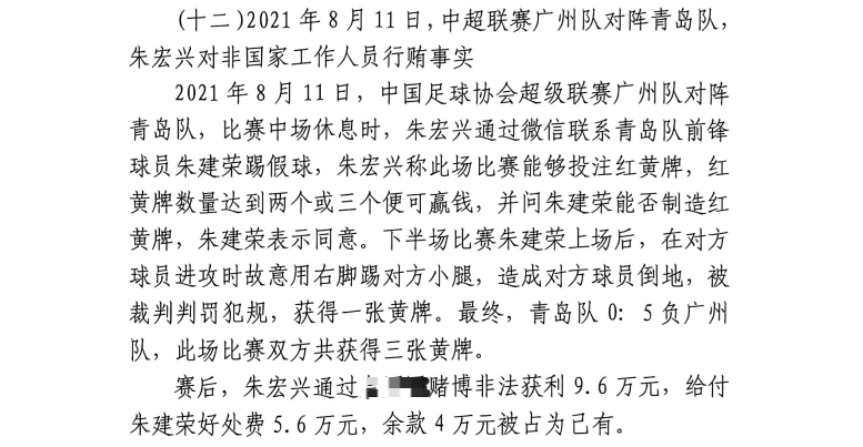 網(wǎng)傳判決書(shū)：青島球員朱建榮故意踢對方小腿，染黃收5.6萬(wàn)好處費